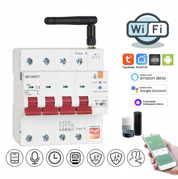 Bezpiecznik 3 Fazy Wyłącznik WiFi 4P Tuya 63A 6KV Pomiar Energii Antena
